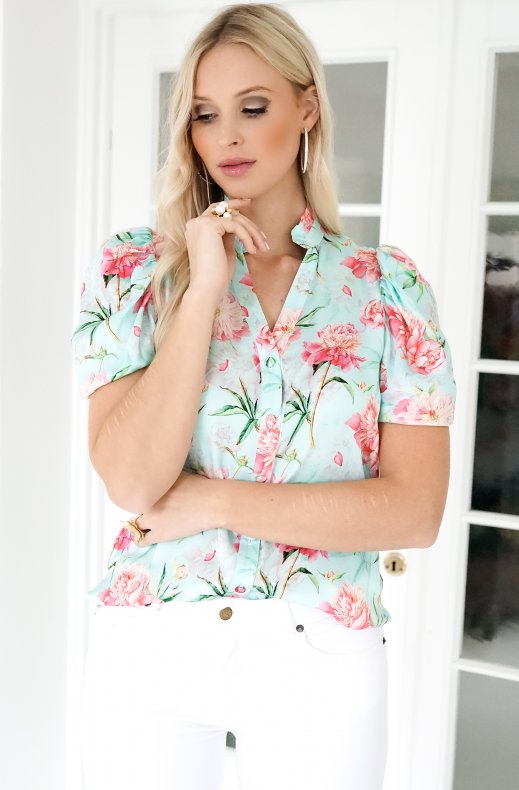 Mizzle Blouse - Pink Turquoise Flowers